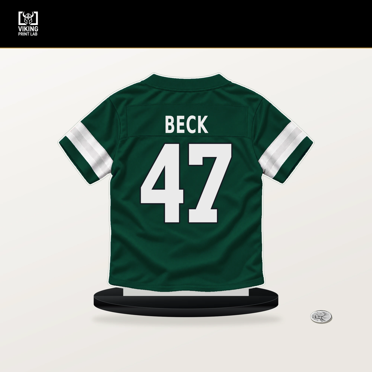 Andrew Beck number 47 New York Jets jersey stand with included black base.