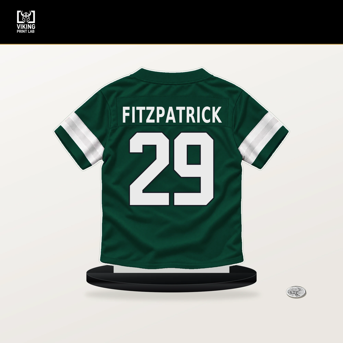 Minkah Fitzpatrick number 29 New York Jets jersey stand with included black base.