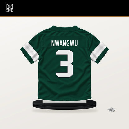 Kene Nwangwu number 3 New York Jets jersey stand with included black base.