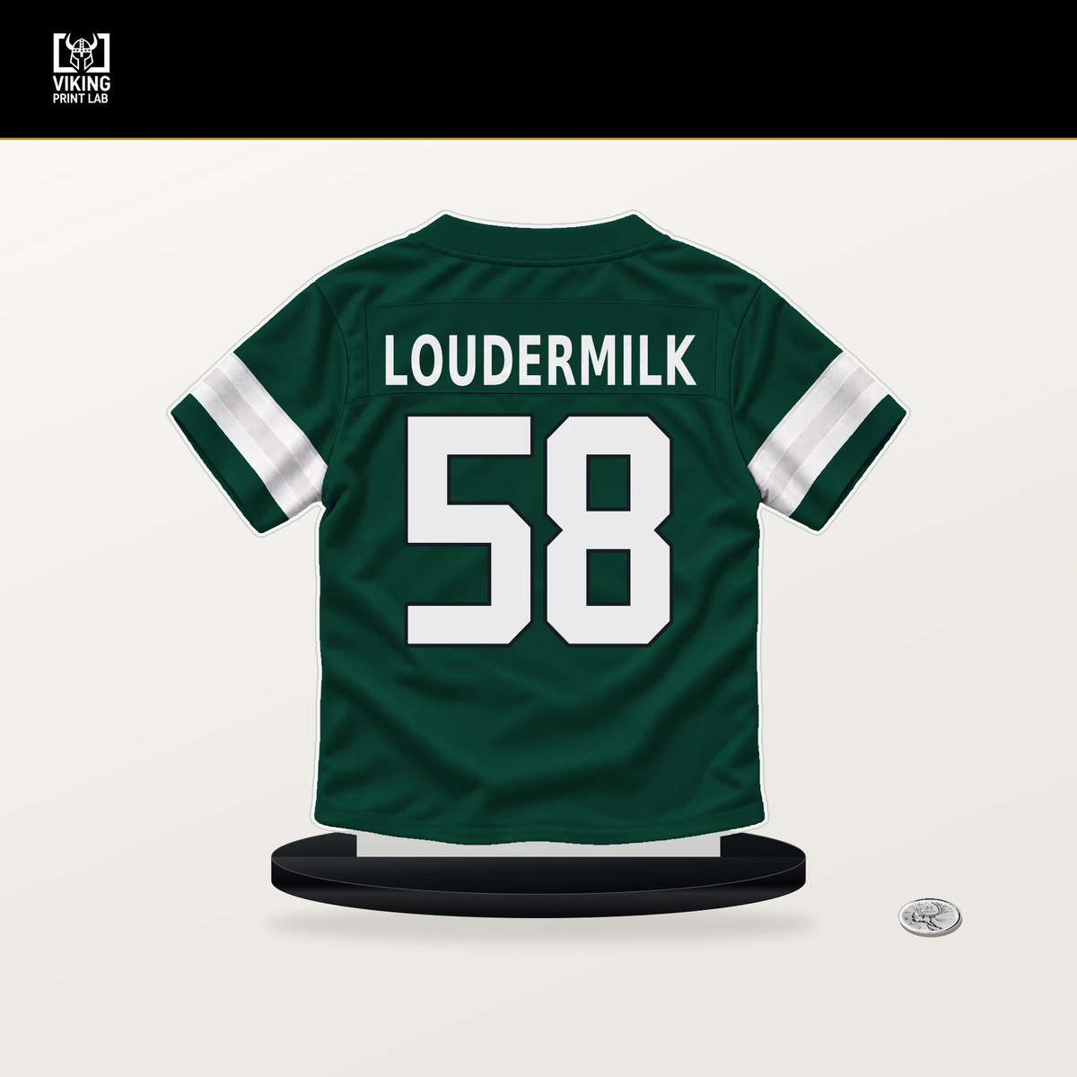 Isaiahh Loudermilk number 58 New York Jets jersey stand with included black base.