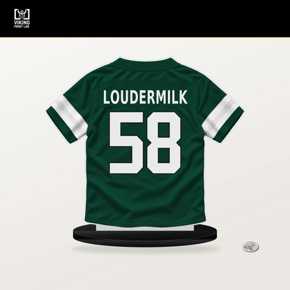 Isaiahh Loudermilk number 58 New York Jets jersey stand with included black base.