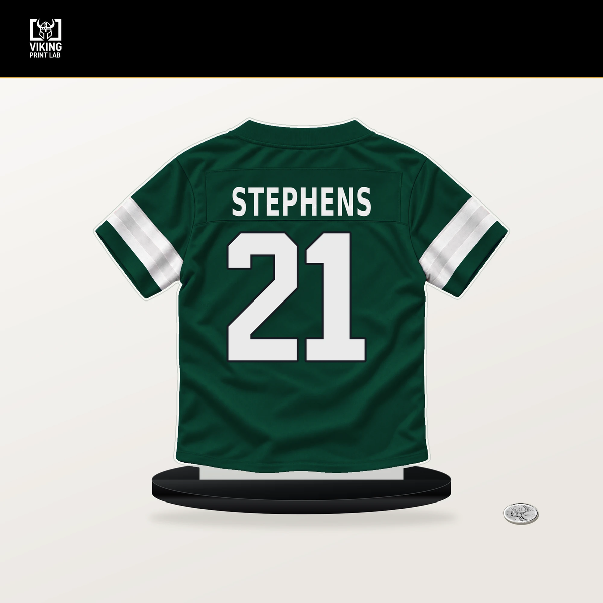 Brandon Stephens number 21 New York Jets jersey stand with included black base.