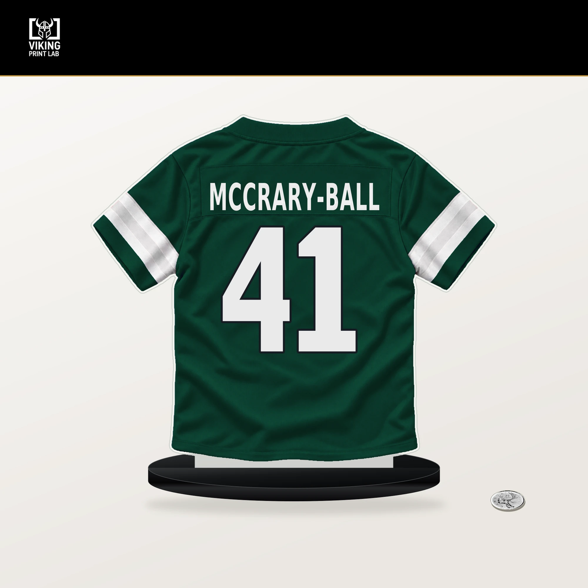 Marcelino McCrary-Ball number 41 New York Jets jersey stand with included black base.
