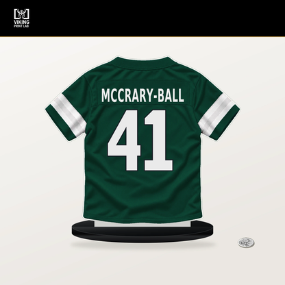 Marcelino McCrary-Ball number 41 New York Jets jersey stand with included black base.