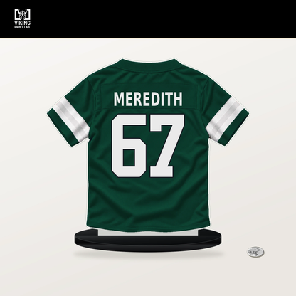 Jordan Meredith number 67 New York Jets jersey stand with included black base.