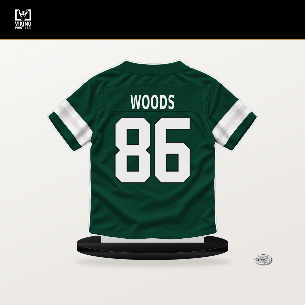 Jelani Woods number 86 New York Jets jersey stand with included black base.