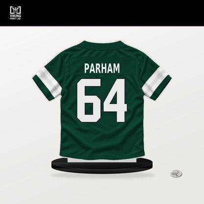 Dylan Parham number 64 New York Jets jersey stand with included black base.