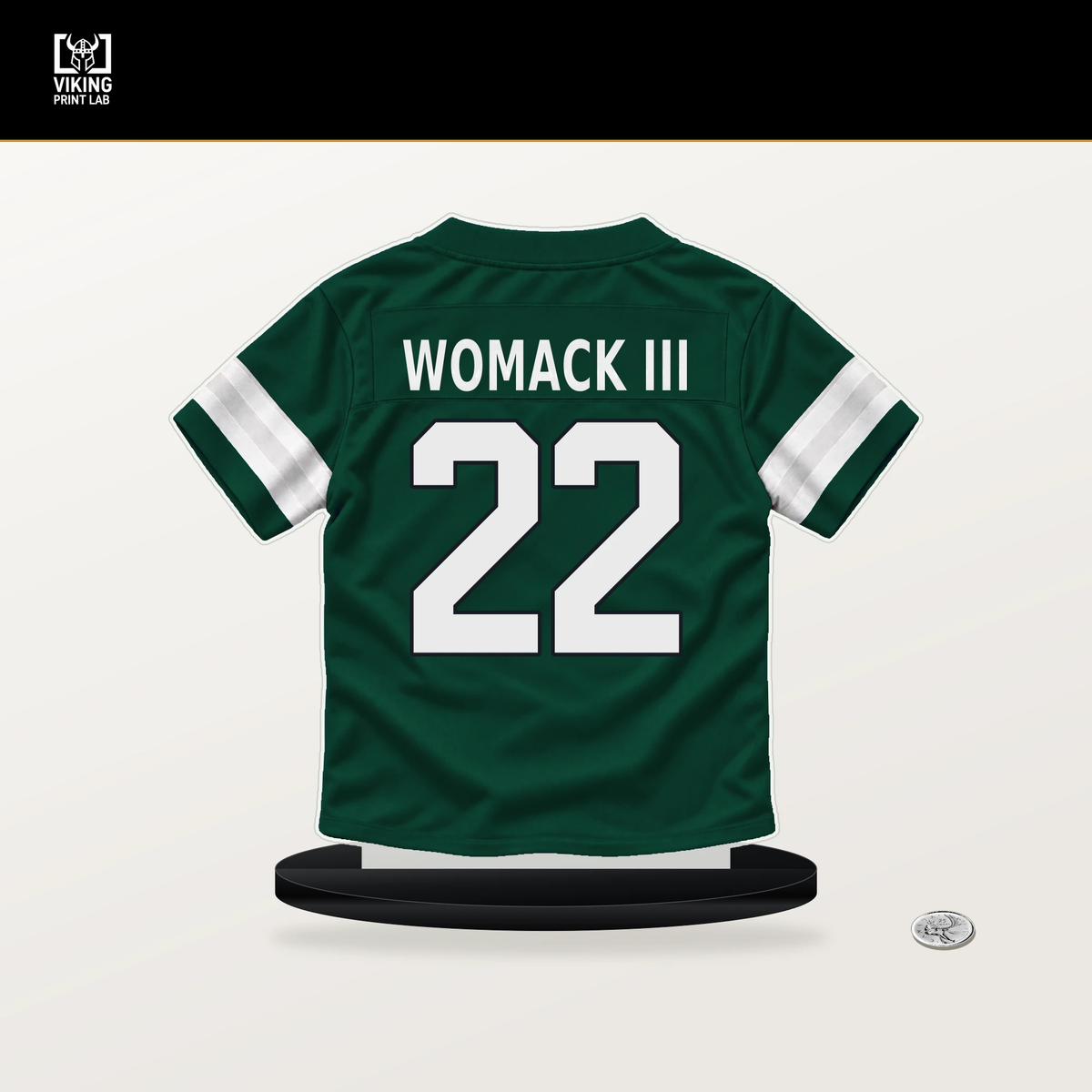 Samuel Womack III number 22 New York Jets jersey stand with included black base.