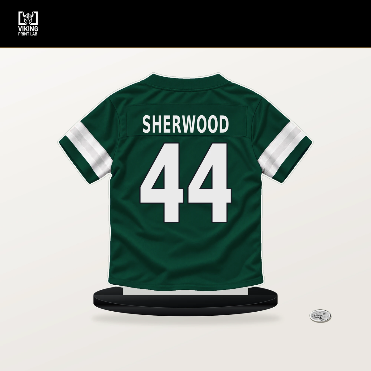 Jamien Sherwood number 44 New York Jets jersey stand with included black base.