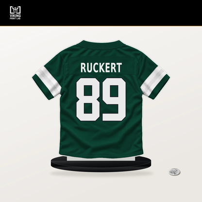 Jeremy Ruckert number 89 New York Jets jersey stand with included black base.