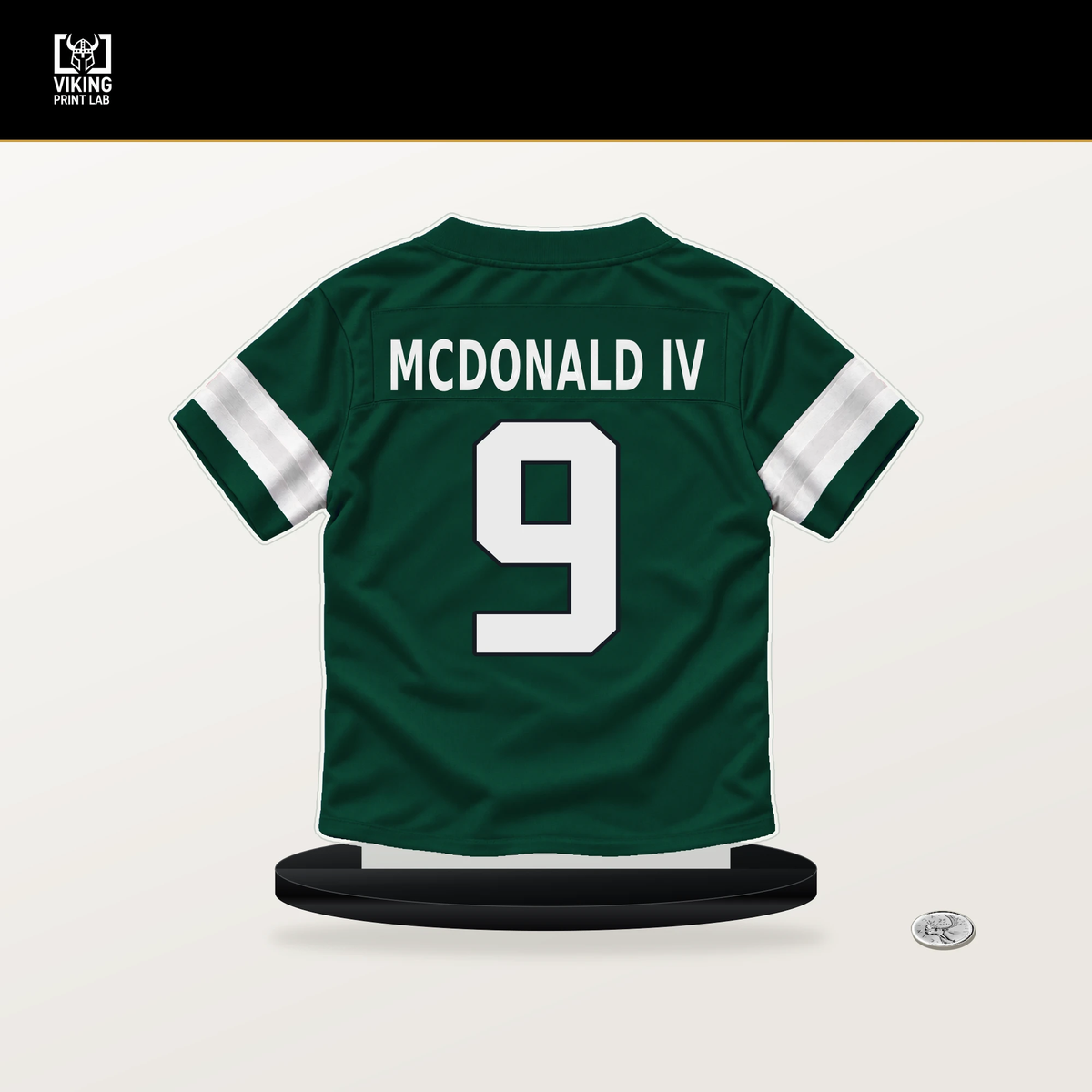 Will McDonald IV number 9 New York Jets jersey stand with included black base.