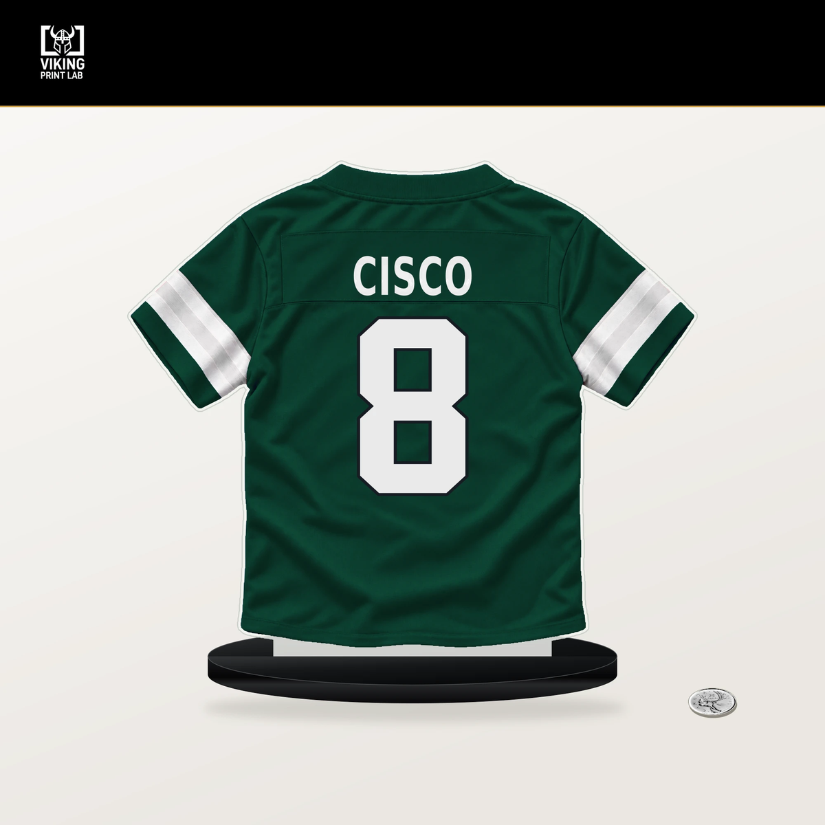 Andre Cisco number 8 New York Jets jersey stand with included black base.