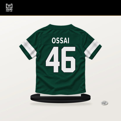Joseph Ossai number 46 New York Jets jersey stand with included black base.