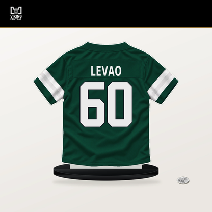 Kohl Levao number 60 New York Jets jersey stand with included black base.