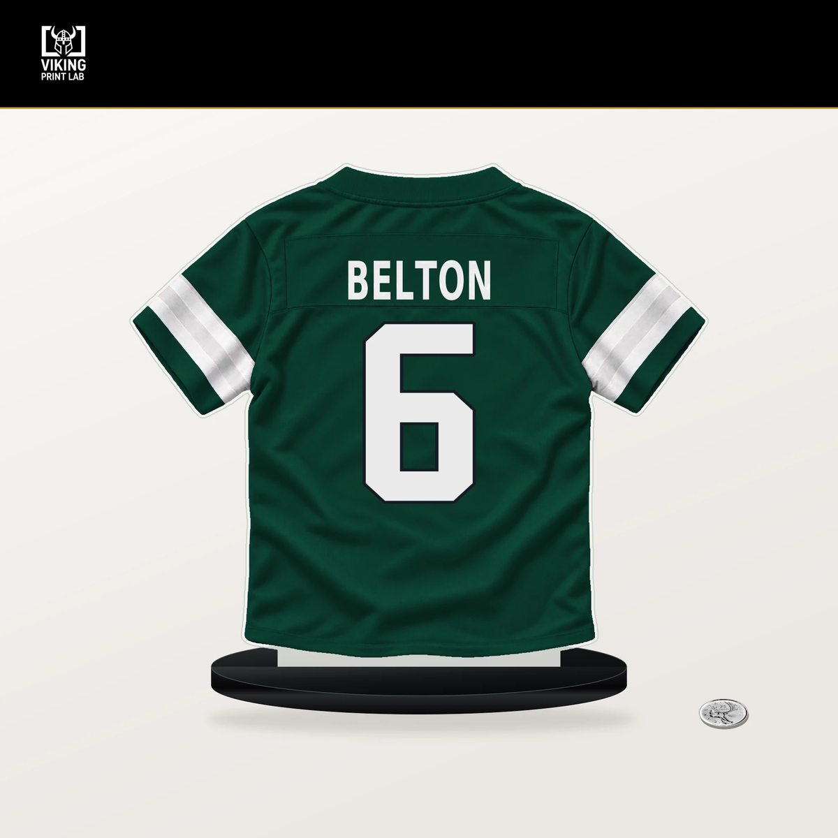 Dane Belton number 6 New York Jets jersey stand with included black base.