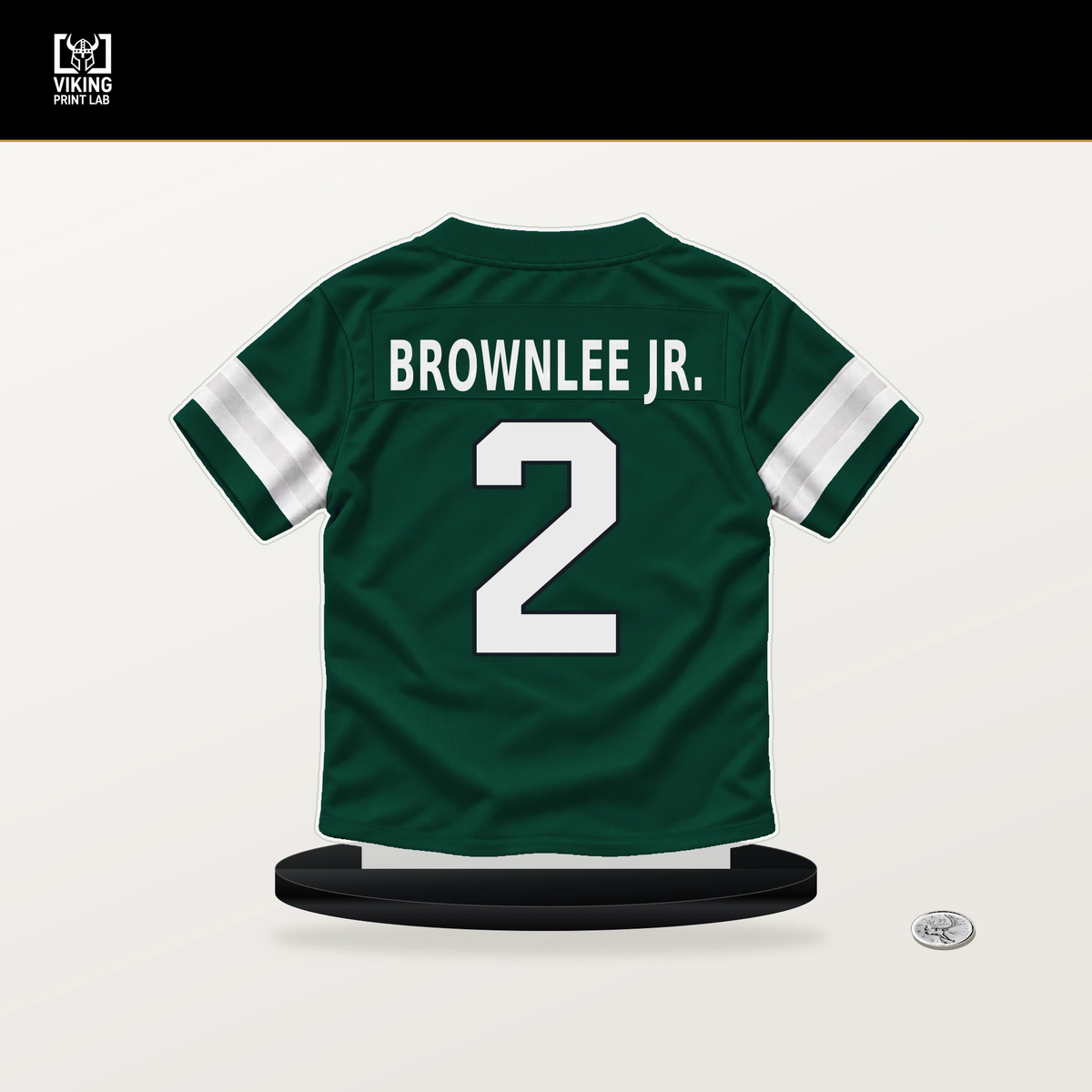 Jarvis Brownlee Jr. number 2 New York Jets jersey stand with included black base.