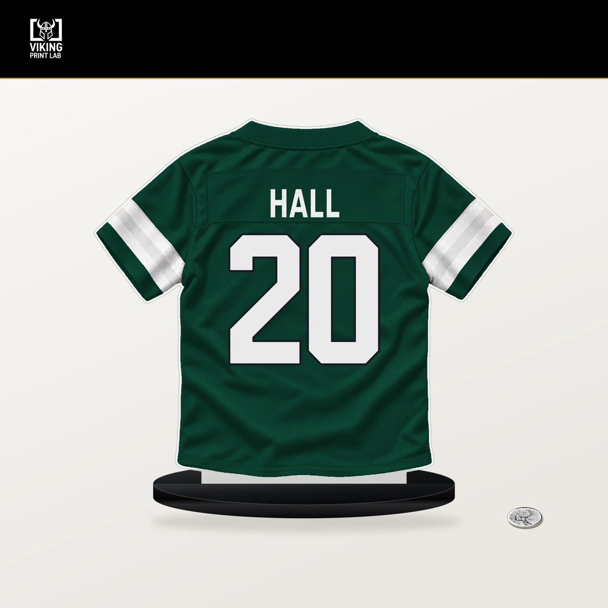 Breece Hall number 20 New York Jets jersey stand with included black base.