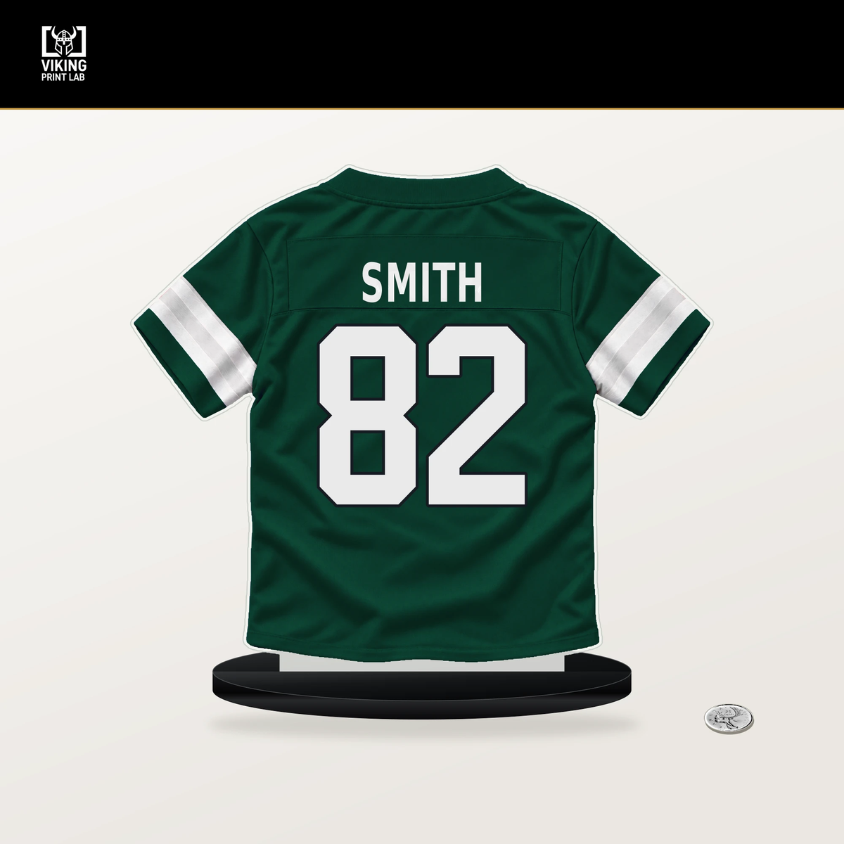 Arian Smith number 82 New York Jets jersey stand with included black base.