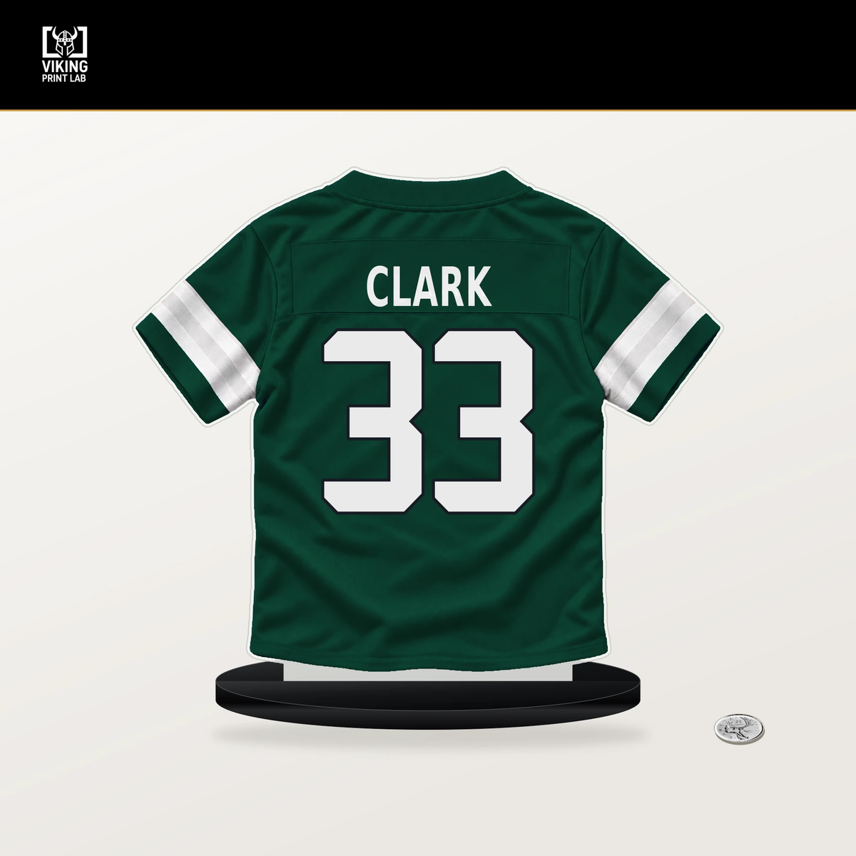 Jordan Clark number 33 New York Jets jersey stand with included black base.