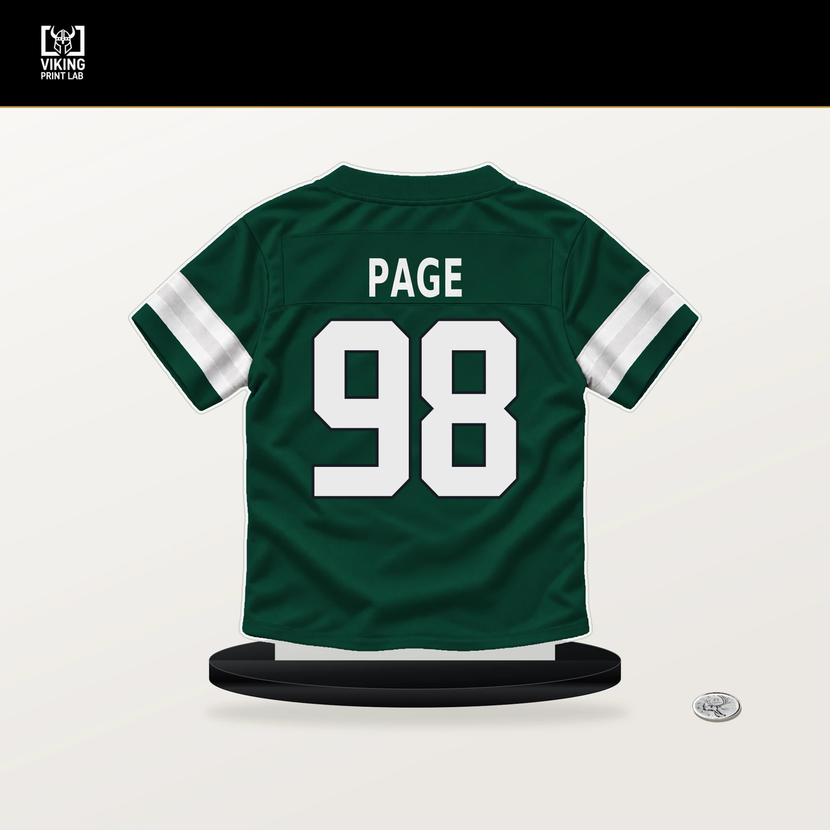 Payton Page number 98 New York Jets jersey stand with included black base.