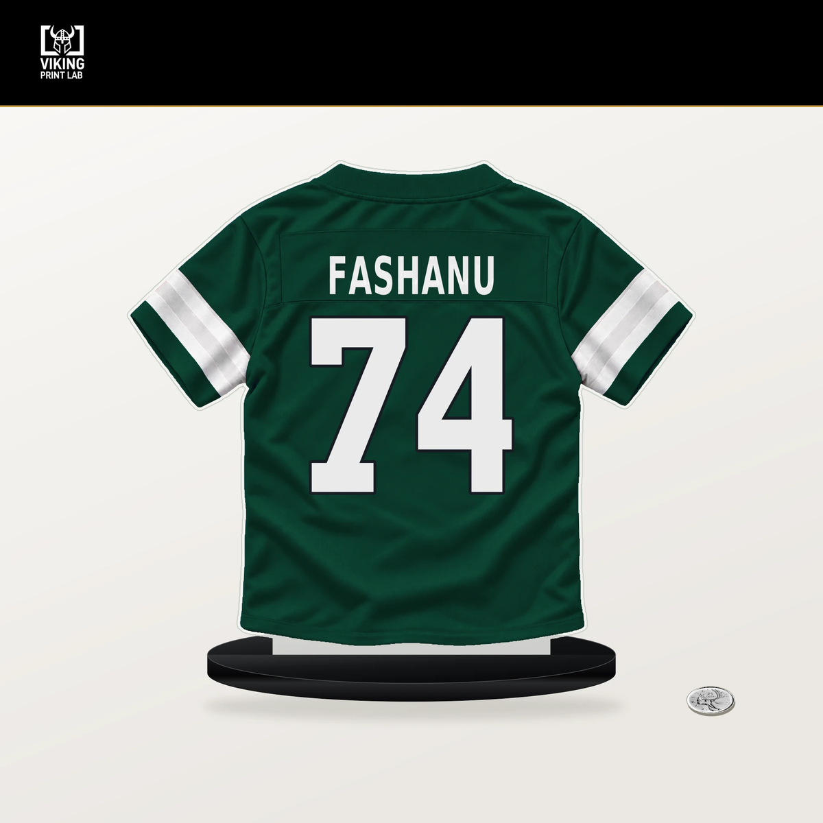 Olu Fashanu number 74 New York Jets jersey stand with included black base.