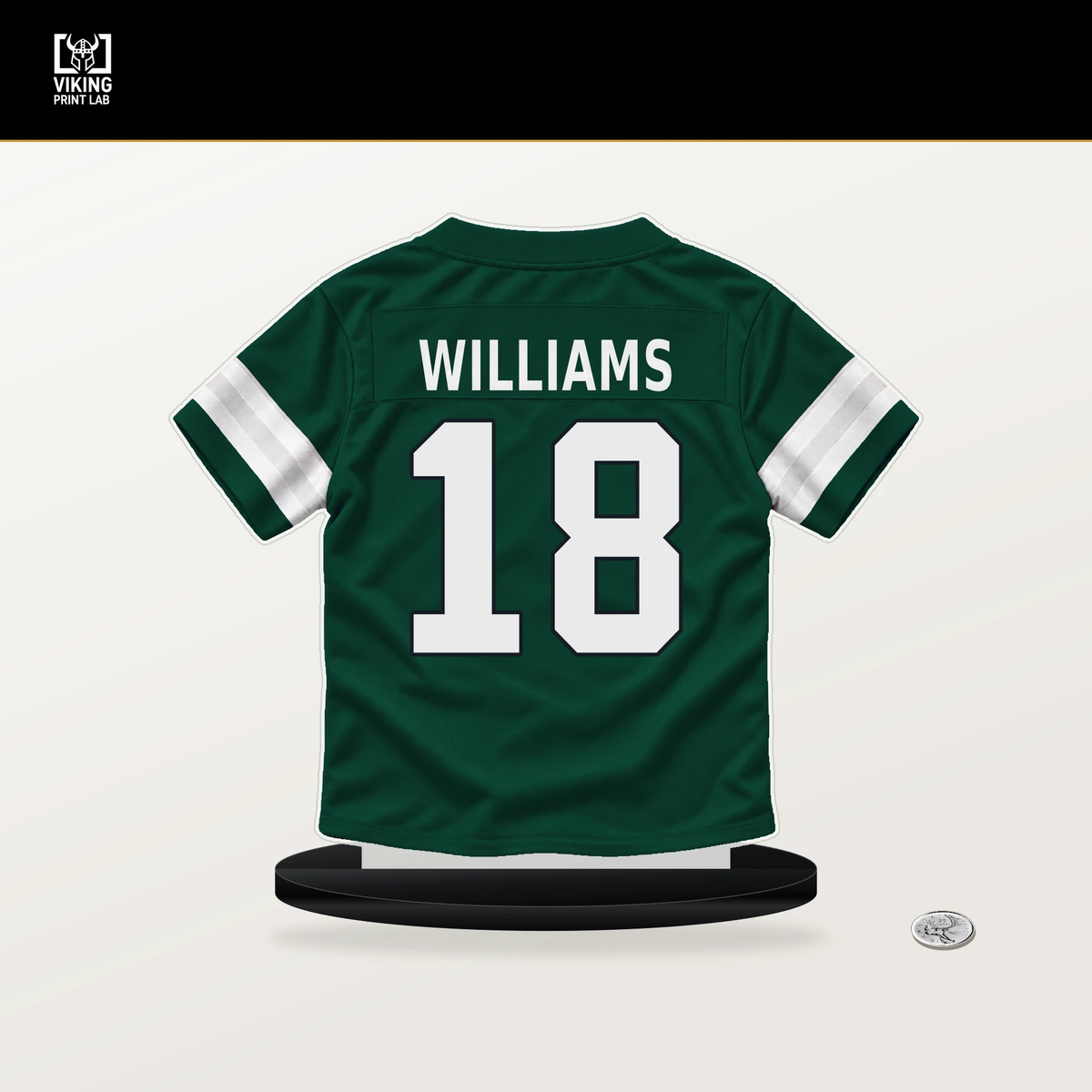 Isaiah Williams number 18 New York Jets jersey stand with included black base.