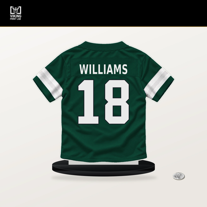 Isaiah Williams number 18 New York Jets jersey stand with included black base.