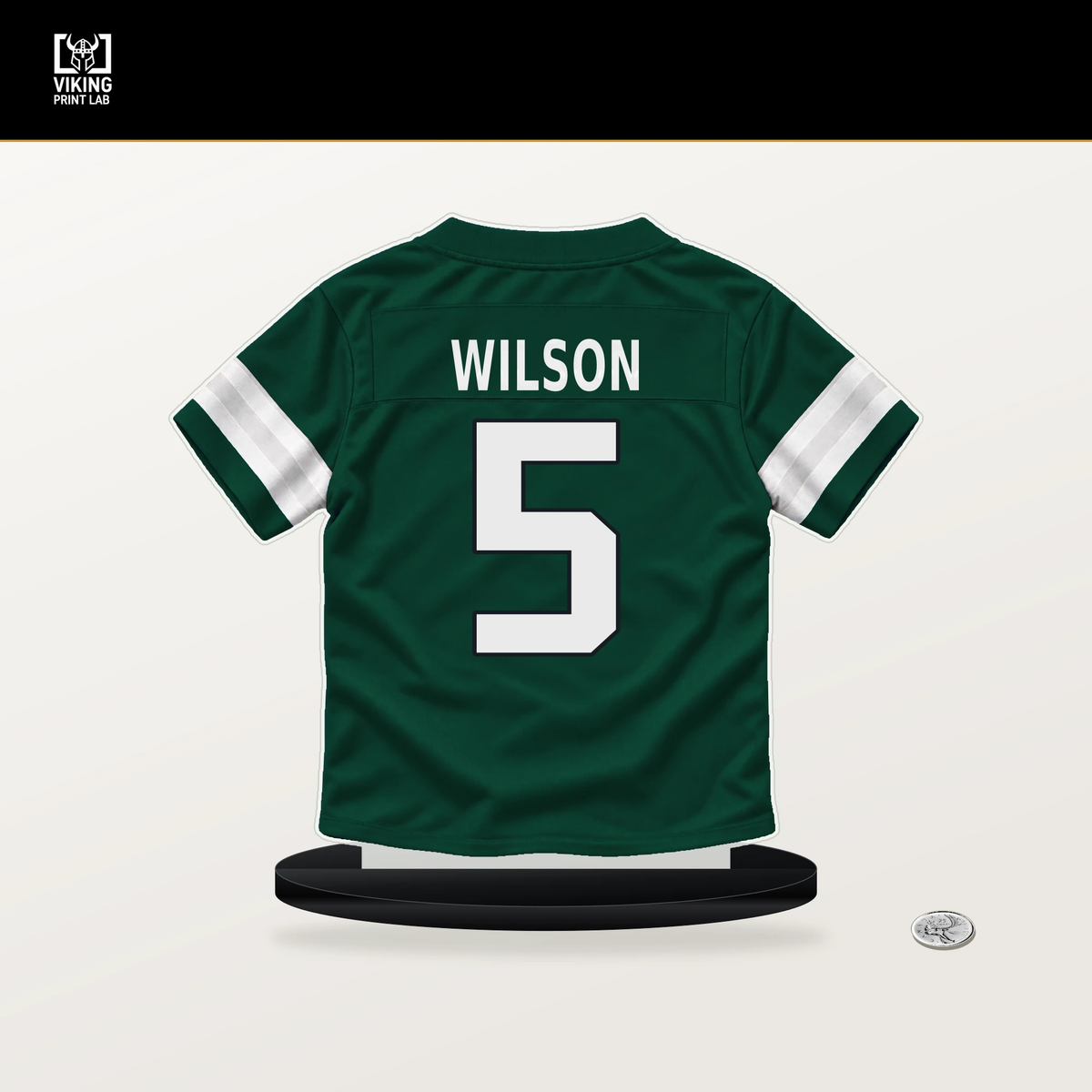 Garrett Wilson number 5 New York Jets jersey stand with included black base.