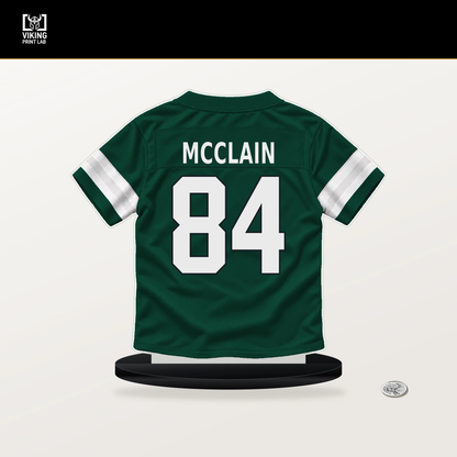 Malik McClain number 84 New York Jets jersey stand with included black base.