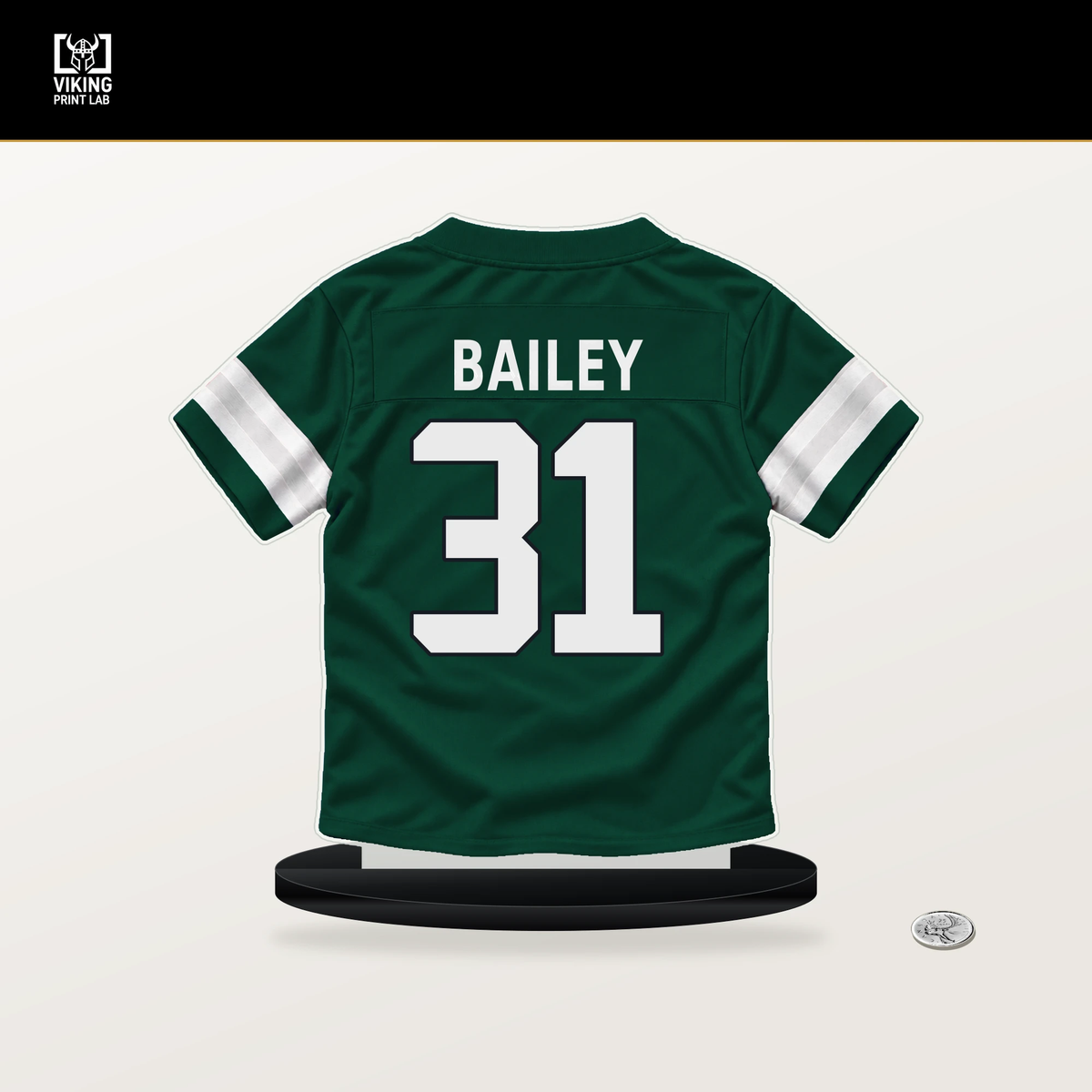 David Bailey number 31 New York Jets jersey stand with included black base.