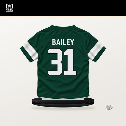 David Bailey number 31 New York Jets jersey stand with included black base.