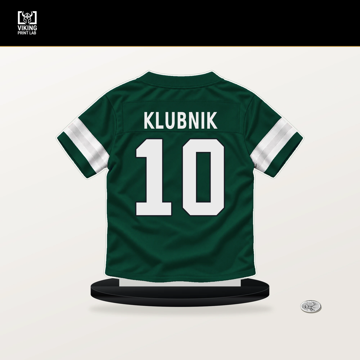 Cade Klubnik number 10 New York Jets jersey stand with included black base.