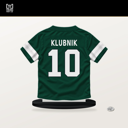 Cade Klubnik number 10 New York Jets jersey stand with included black base.
