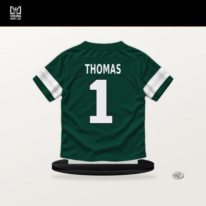 Azareye'h Thomas number 1 New York Jets jersey stand with included black base.