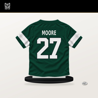 Malachi Moore number 27 New York Jets jersey stand with included black base.