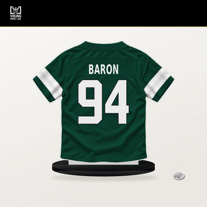 Tyler Baron number 94 New York Jets jersey stand with included black base.