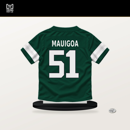 Kiko Mauigoa number 51 New York Jets jersey stand with included black base.