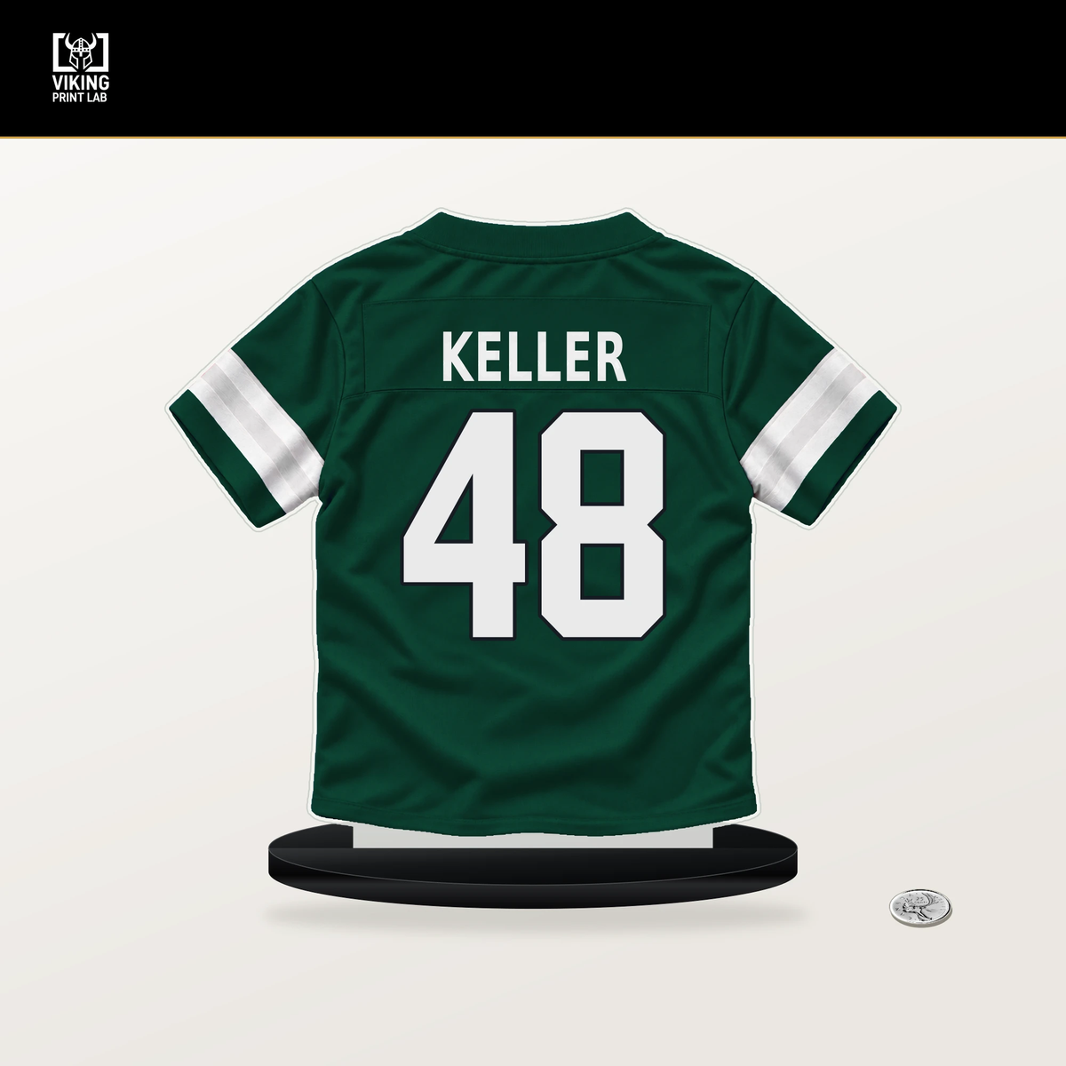 Jaden Keller number 48 New York Jets jersey stand with included black base.