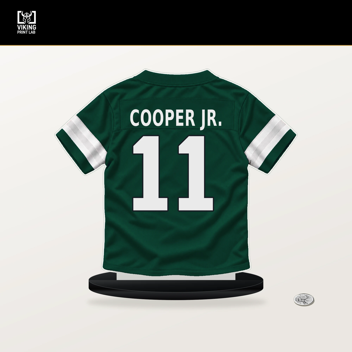 Omar Cooper Jr. number 11 New York Jets jersey stand with included black base.