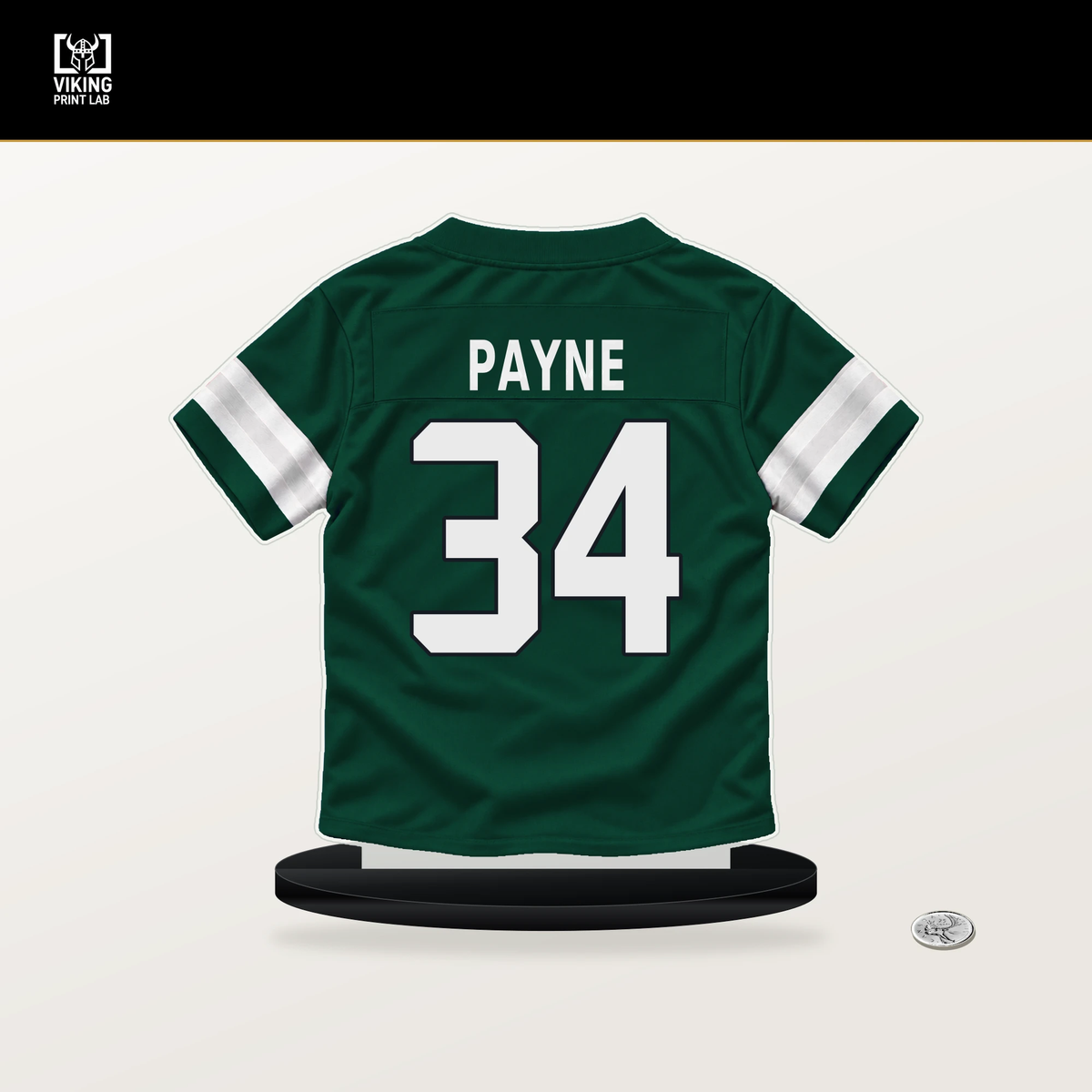 VJ Payne number 34 New York Jets jersey stand with included black base.