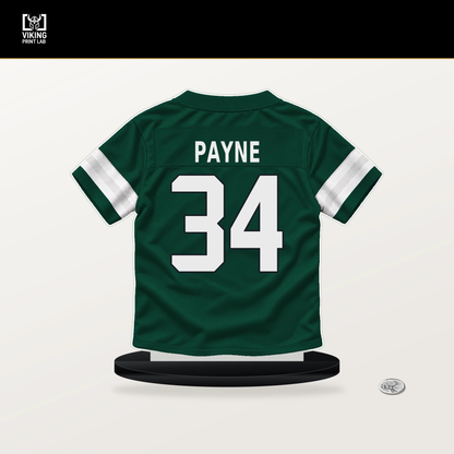 VJ Payne number 34 New York Jets jersey stand with included black base.