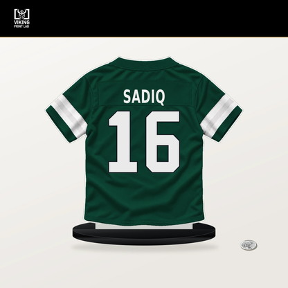 Kenyon Sadiq number 16 New York Jets jersey stand with included black base.