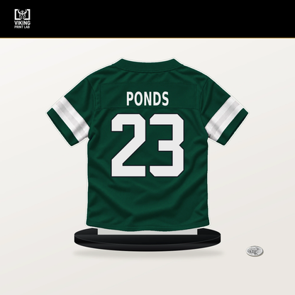 D'Angelo Ponds number 23 New York Jets jersey stand with included black base.