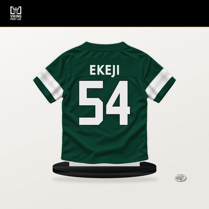 Paschal Ekeji number 54 New York Jets jersey stand with included black base.