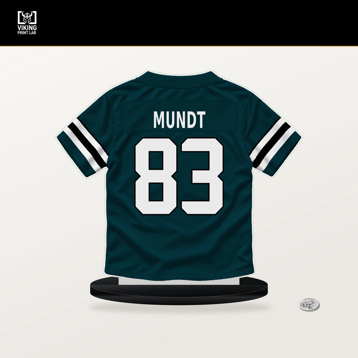 Johnny Mundt number 83 Philadelphia Eagles jersey stand with included black base.