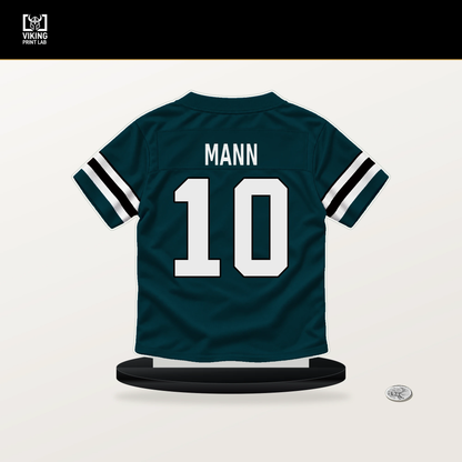 Braden Mann number 10 Philadelphia Eagles jersey stand with included black base.