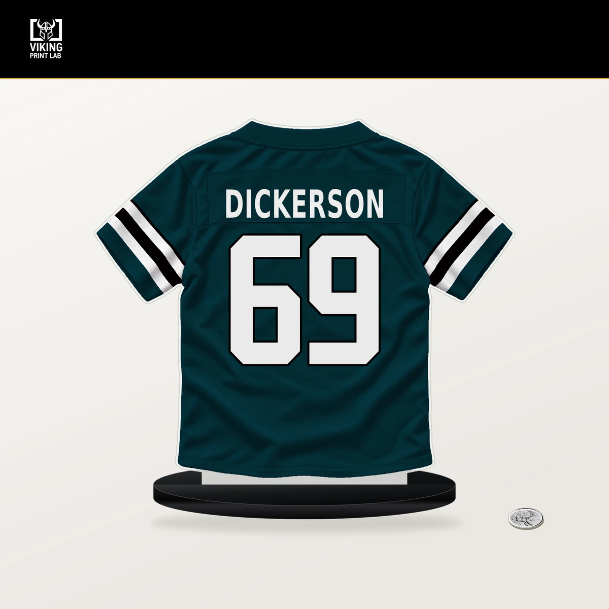 Landon Dickerson number 69 Philadelphia Eagles jersey stand with included black base.