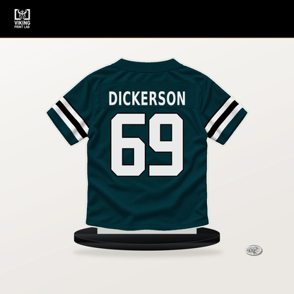 Landon Dickerson number 69 Philadelphia Eagles jersey stand with included black base.
