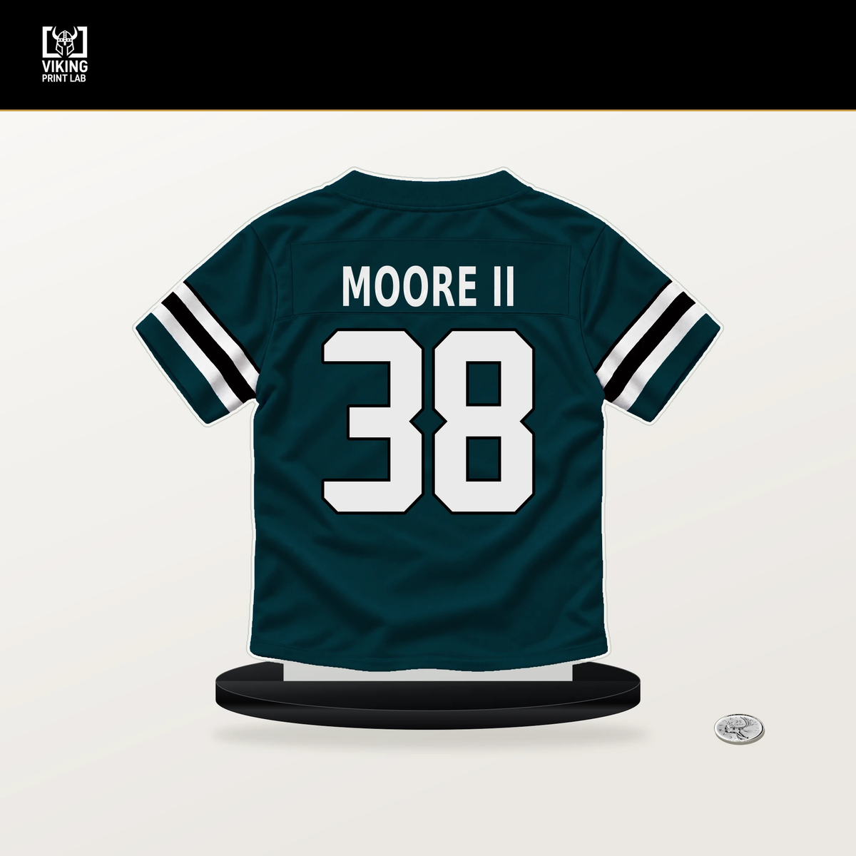 Kenny Moore II number 38 Philadelphia Eagles jersey stand with included black base.