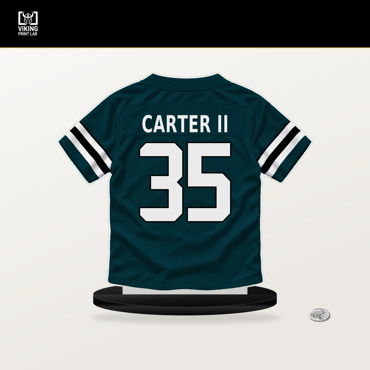 Michael Carter II number 35 Philadelphia Eagles jersey stand with included black base.